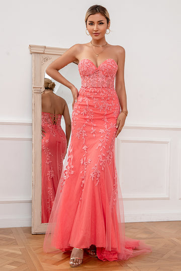 Strapless Coral Appliqued Tulle Long Ball Dress